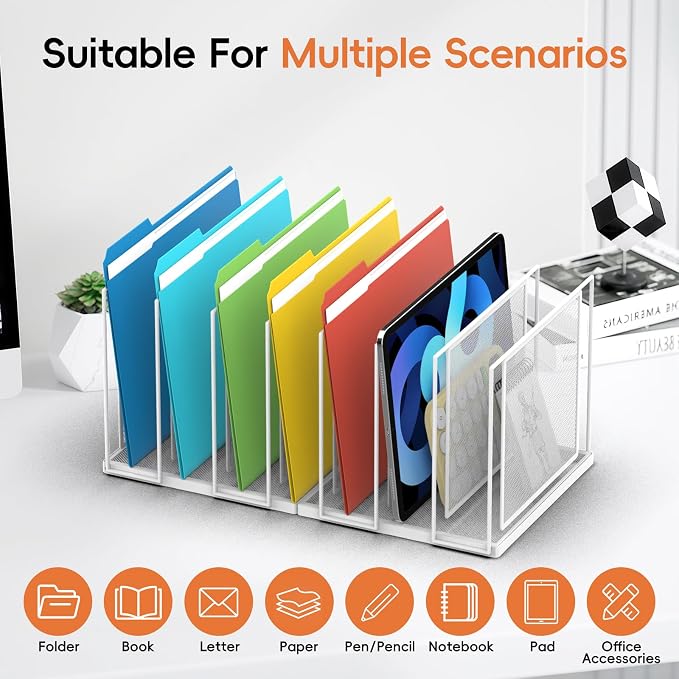 Desk File Organizer, 7 Section Vertical Metal File Organizer for Desk, Desktop File Organizer Stand, Paper Folder Organizer for Office Home Classroom Storage (White, 7 Section)
