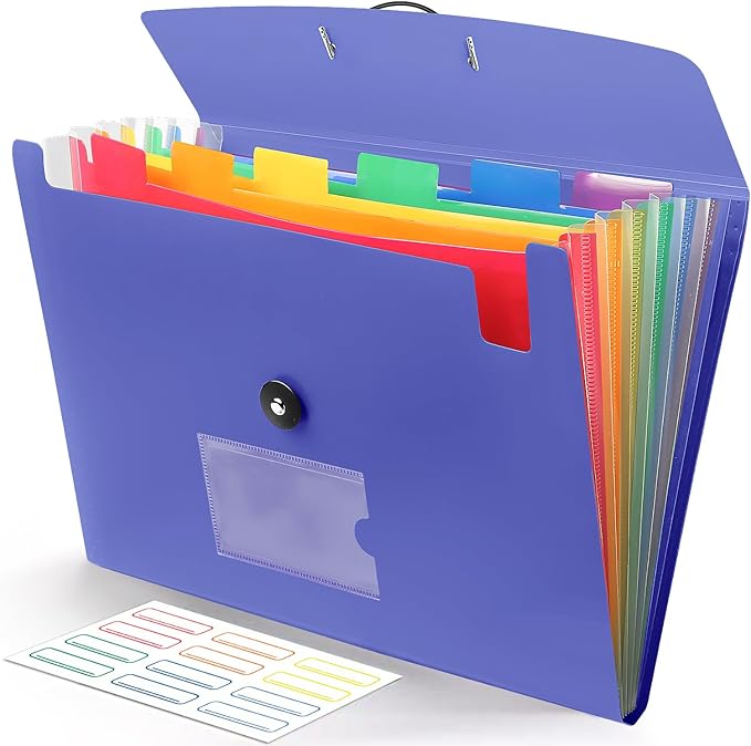 Accordian File Organizer 7 Pocket Expanding File Folder with Labels, Plastic Expandable File Folder for Documents Letter Size A4 Papers - Blue