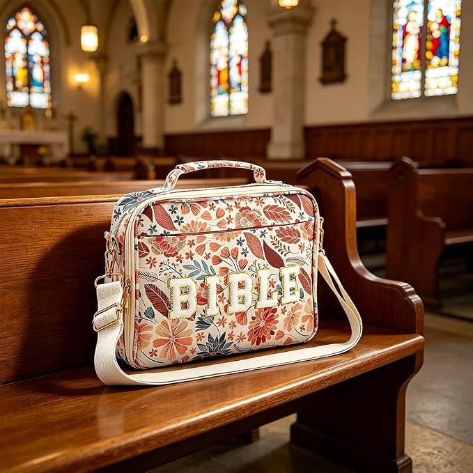 Bible Bag Cover Case for Women Bible Carrying Bag with Handles Bible Study Supplies & Accessories Christian Gifts for Women (Leaf Shoulder Strap)