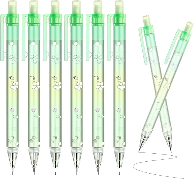 6Pcs Cute Green Cherry Blossom Mechanical Pencils 0.5mm&0.7mm Mechanical Pencil Kawaii Pencils School Pencil for Students Women Office School Suppies