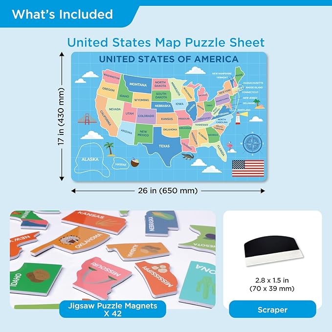 COMIX Magnetic Dry Erase Board, Educational Jigsaw Puzzle Board for Kids, 26" x 17" Adhesive 42 State USA Map Puzzle for Kids at Home Student Classroom