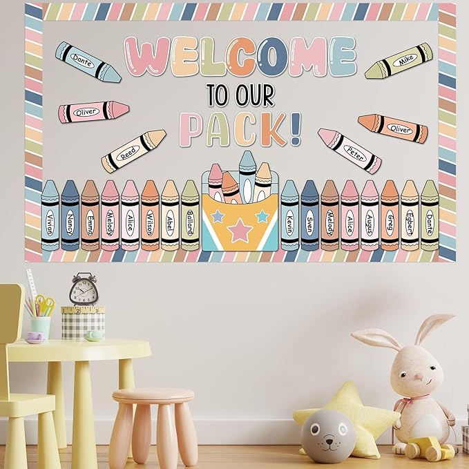 Boho Welcome to Our Pack Bulletin Board Set Crayons Back to School Classroom Decorations Colorful Crayon Theme Name Tags Crayon Box Star Cutouts for Classroom Teachers Chalkboard Home Wall Door Decor