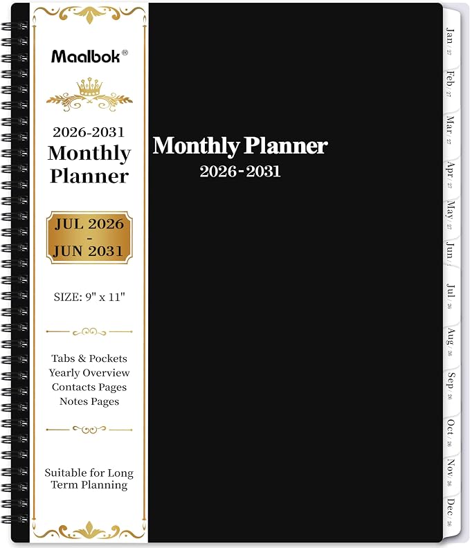 2026-2031 Monthly Planner/Calendar - Jul 2026 - Jun 2031, 5 Year Monthly Planner with Tabs & Celebrity Quotes, 9" x 11", Famous Quotes, Two-Side Pocket, Suitable for Long-Term Planning, Black