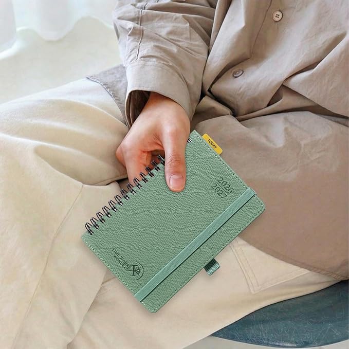 POPRUN 2026-2027 Academic Small Weekly Planner, 4" x 6.25" Pocket Calendar for purse, Horizontal Daily Calendar from July 2026 to June 2027, Softcover Appionment Book with Monthly Tabs, Spiral Bound, Inner-Pocket - Pacific Green