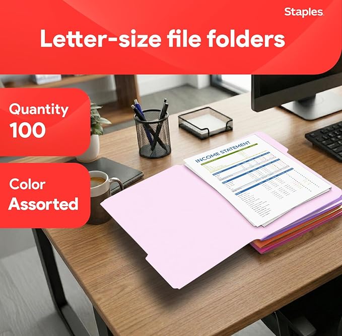 Staples File Folders, Letter Size, 1/3‑Cut Tabs, Assorted Colors, Durable 10.5‑Point Paper Stock, 100/Pack