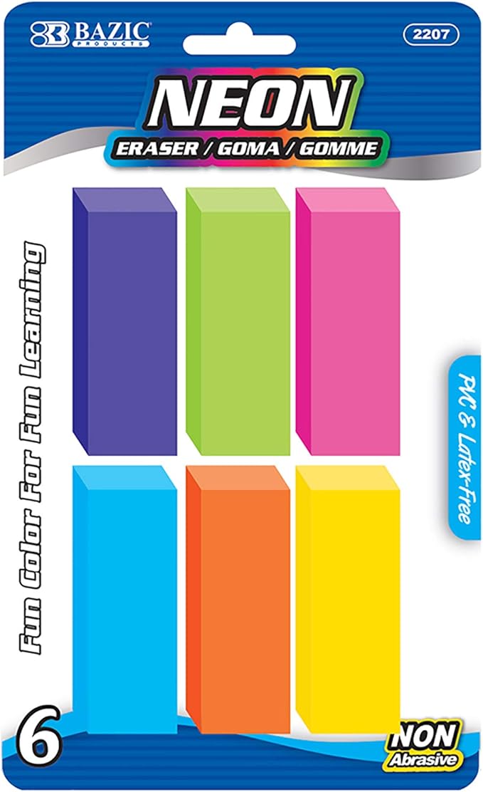 BAZIC Products Erasers, Neon Bevel Eraser, Latex Free, Large Size Block Erasers for Art Drawing School Office Teachers (6/Pack), 24-Packs