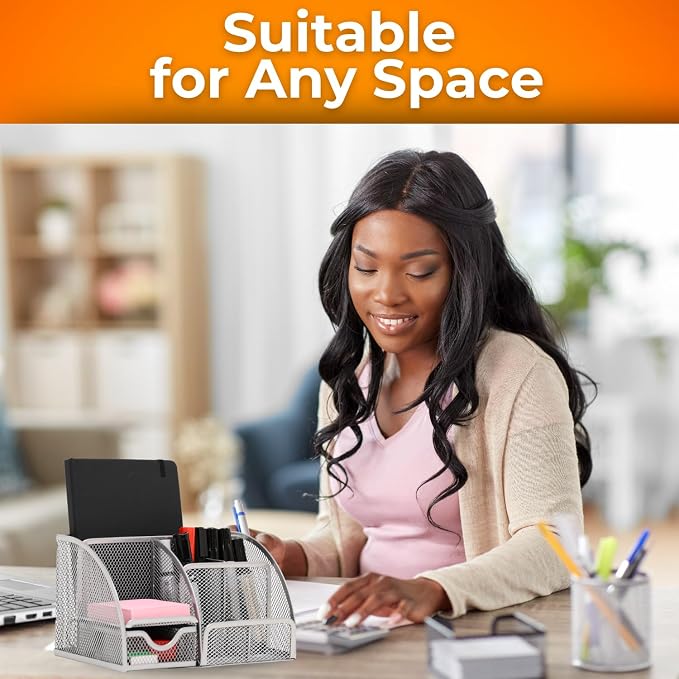 Mesh Desk Organizers with Compartments, 6-Section Desktop Storage Caddy with Drawer for Home, Office, and School, Sticky Notes, Pen & Pencil Holder, Silver