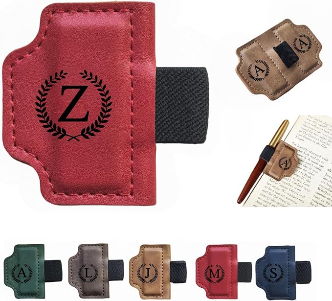 MOTEERLLU Custom Bygonemark Personalized Magnetic Leather Pen Holder Bookmark with Initial for Reading Women, Men, Teacher, Book Lovers Gifts & Accessories(Red,Z)