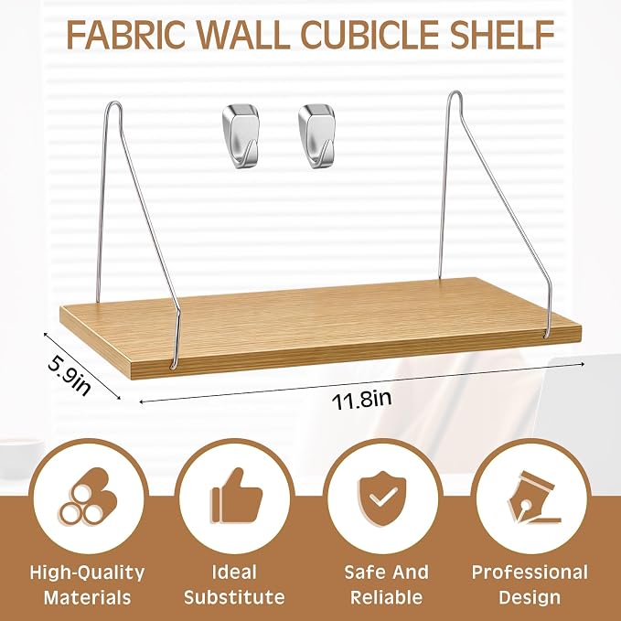 1 Pack Fabric Wall Cubicle Shelf with 40 Lbs Metal Hooks for Wall Decor, 11.8'' Solid Wooden Hanging Organizer Storage Shelf with Hangers Cubicle Accessories for Women Men Desk Office
