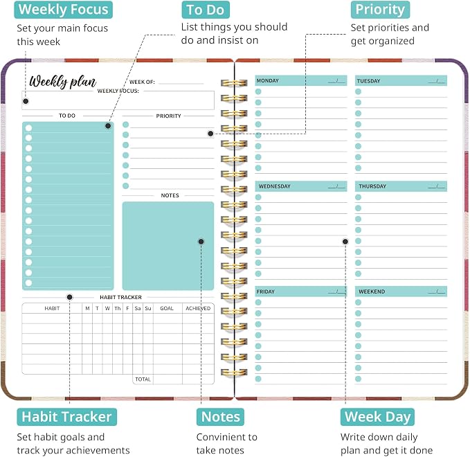 Taja Undated Weekly Planner, Weekly To Do List Notebook with Goal & Habit Tracker Organizer, A5 Weekly Planner Notebook with Spiral Binding, 6.1" x 8.2" - Checkered