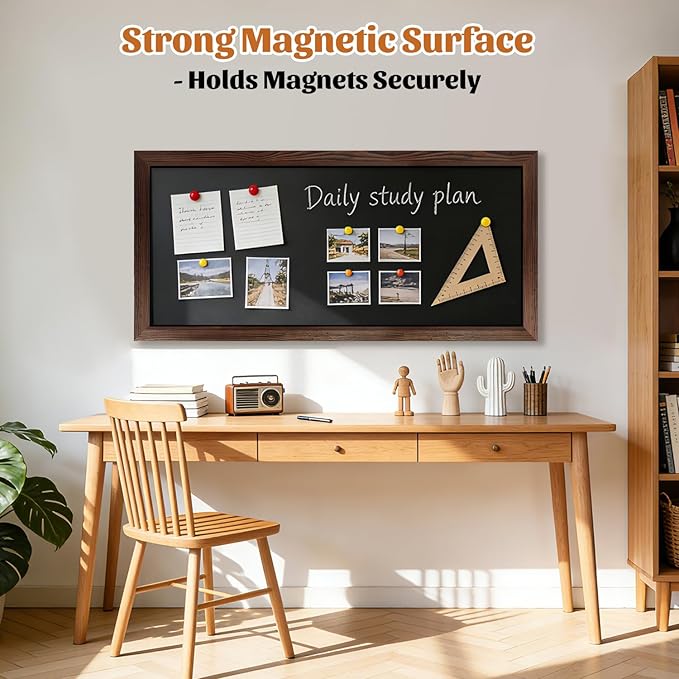 Large Magnetic Chalkboard for Wall, 58 x 25 Inch Solid Wood Framed Brown Magnetic Board, Wall Mounted Chalk Board for Kitchen, Restaurant, Food Truck and Calendar Board