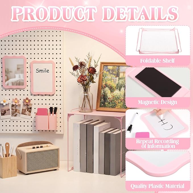 Colarr 16 Pcs Pink Locker Accessories for Girls Includes Magnetic Whiteboard & Mirror Locker Shelf Pen Holder 2 Dry Erase Marker & Eraser 9 Flowers for Back to School Essentials Decoration