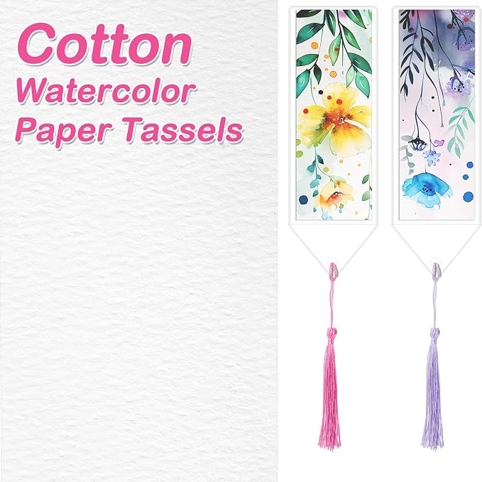 Marspark 91 Pcs Watercolor Paper Bookmarks Blank with Tassels and Sleeves Cotton White Cardstock to Paint Book Marks Craft with Hole for DIY Classroom Gifts Project Tags Bulk, 5.5 x 2 Inch