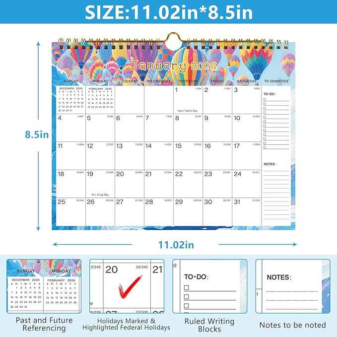 2026-2027 Wall Calendar - Includes January 2026 to June 2027, 18-Month Paper Wall Calendar 11 x 8.5 Inches.Thick Paper with Julian Dates and Block for New Year and Christmas Holidays To-dos ＆ Notes (G)