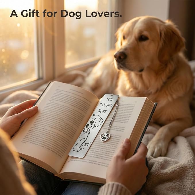 Dog Bookmark, Stainless Steel Metal Bookmark with Paw Charm, Engraved “You PAWSED HERE”, Cute Puppy Book Marker Gift for Dog Lovers & Dog Moms