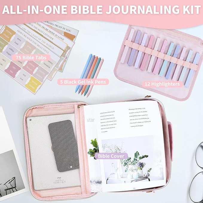 KOPKOFT Bible Cover Case for Women, Large Chenille Letter Leather Bible Case with Bible Study Accessories, Bible Study Supplies Bible Journaling Kit, Christmas Christian Gift for Women Girls (Pink)