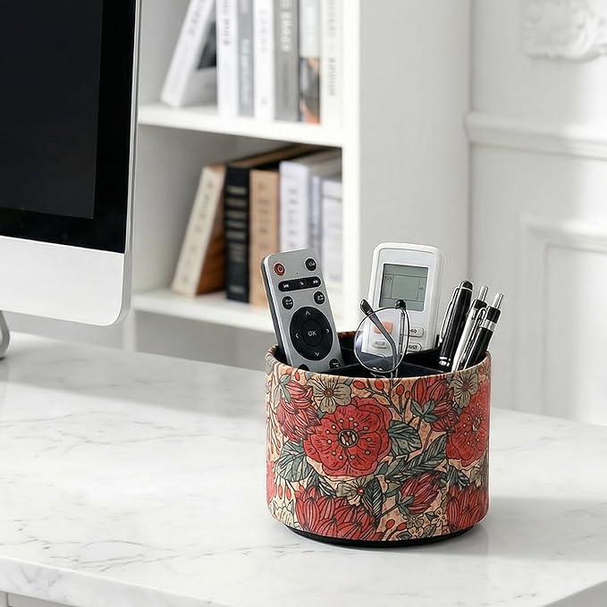 Round Leather Art Supply Organizer,Remote Control Holder,360 Degree Spinning,Multi-Functional Pencil Holder,4 Compartments Desktop Stationary Organizer(1-Red Rose)