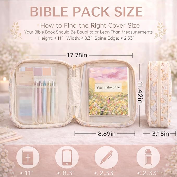 Bible Bag for Women, Bible Cover Case with Study Supplies,Large Quilted Bible Bag with Handle and Zipper, Suitable for Christian Books-Christian Gift for Girls(Patchwork Flowers)