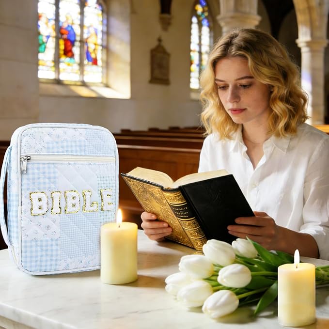 Bible Cover Case for Women, Large Chenille Letter Bible Bag with Handle, Carrying Bag with Tabs 6 Colored Pens 6 Highlighters, Back to School Study Supplies Christian Church Gifts, Blue Patch