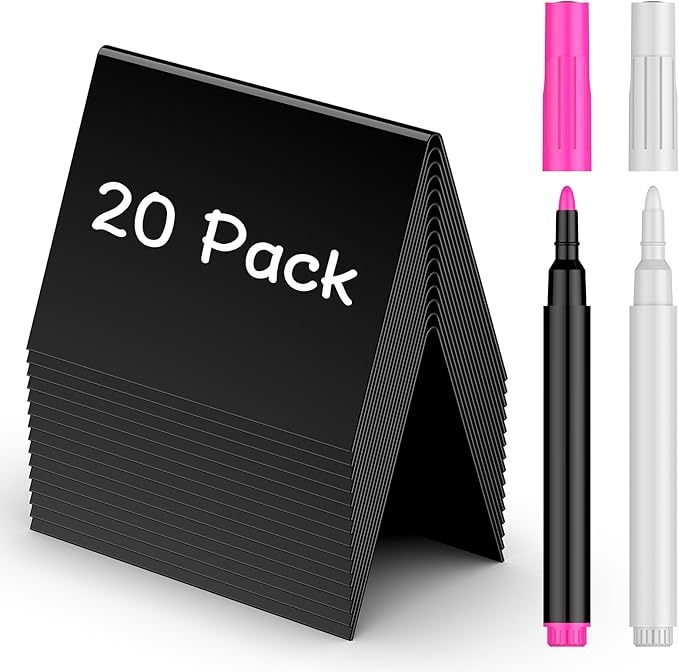 Uniclife 20 Pack Mini Chalkboard Signs for Food, Small Chalkboard Signs with Chalk Markers, Reusable Glossy PVC Food Signs Food Labels for Party Buffet Wedding, Blackboard Place Cards Table Signs