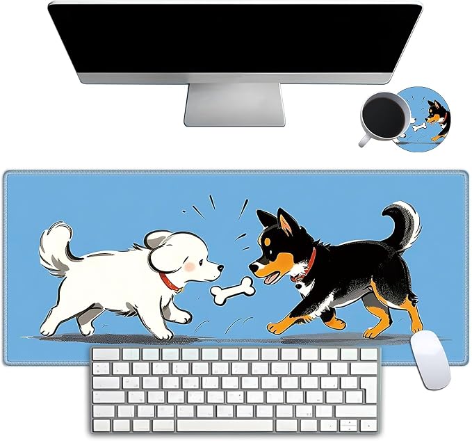 Mouse Pad Gaming Mousepad 31.5x11.8 Inch XXL Large + Coasters,Desk Mat with Stitched Edges, Non-Slip Rubber Base, Thick Mouse Pad for Computer, Laptop, Office & Home - Cute Dog