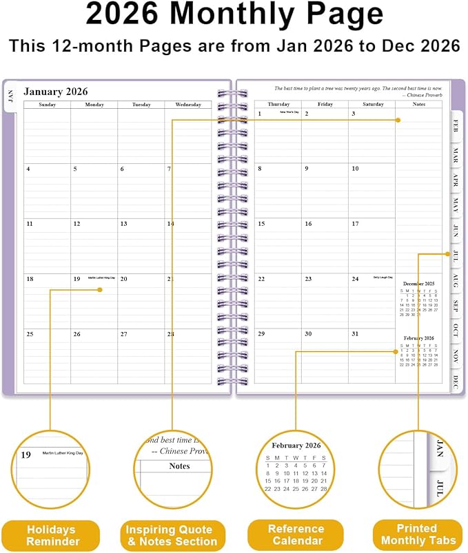 2026 Planner - Weekly and Monthly Planner from Jan 2026 - Dec 2026, Spiral Planning 2026 with 12-Month Tabs, Inner Pocket, 6.25" x 8.5", Purple