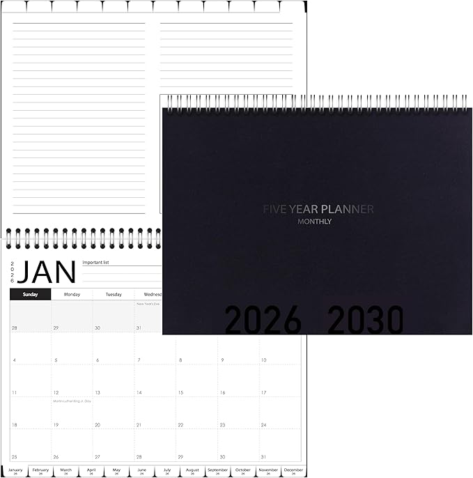 5-Year Calendar Planner, 2026-2030 Monthly Schedule Organizer Flip Calendar Diary with Tabs, Spiral Bound Top, Black, 8 ½” Wide x 11” Long