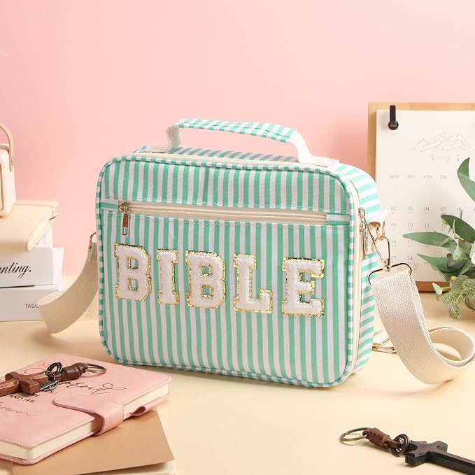 Dansydaisy Bible Cover Case for Women Large Chenille Letter Stripe Church Bible Bag with Shoulder Strap for Women(Green)