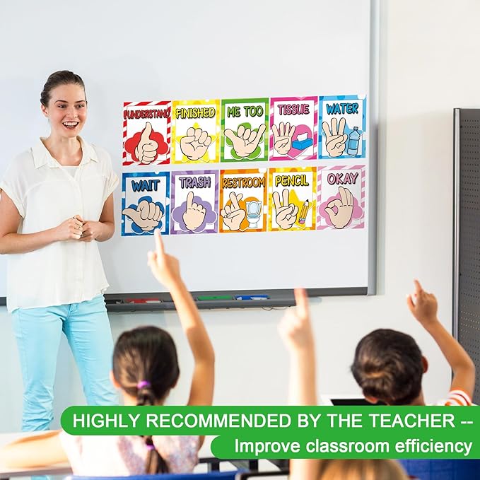 MotiMind 15 Pcs Classroom Hand Signal Cards Signal with Adhesive Tapes Decor Classroom Learning Bulletin Board Hand Signals Language Posters for Teachers Students Visual Cues(Rainbow)