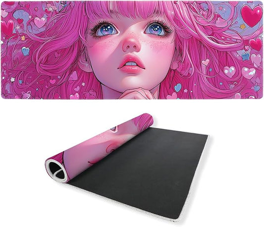Anime Girl Gaming Mouse Pad 35.4 x 15.7 Inches Kawaii Pink Hair Heart Eyes Love Desk Mat Mouse Mat XXL Laptop Keyboard Pad, Laptop Keyboard Mousepad Aesthetic Accessories for Women