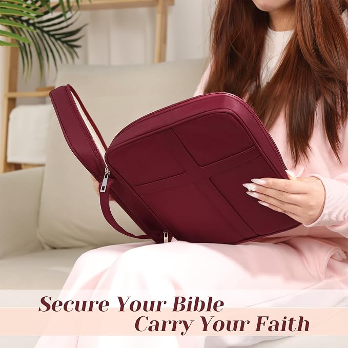 XKDOUS Bible Cover, Large Bible Bag with Durable Handle, Cross Design Waterproof Bible Case with Bible Study Supplies, Christian Gift for Mom, Women and Men (Burgundy)