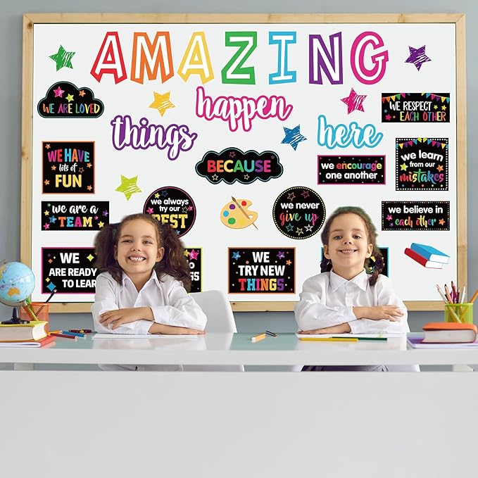 JarThenaAMCS Motivational Bulletin Board Decoration Amazing Things Happen Here Paper Cutouts with 100Pcs Glue Points Bulletin Border Stickers for Classroom Office School Home Decor, 41Pcs