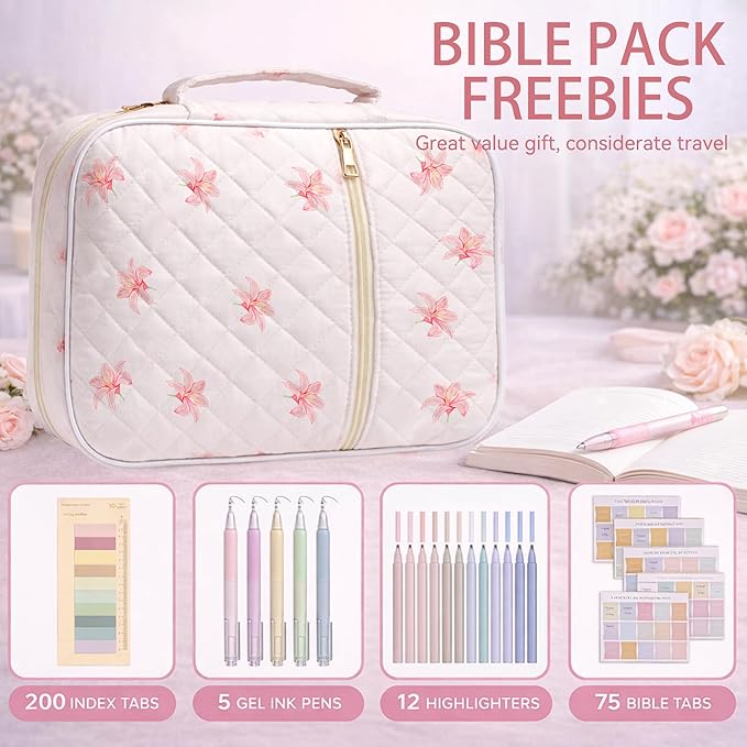Bible Bag for Women, Bible Cover Case with Study Supplies,Large Quilted Bible Bag with Handle and Zipper, Suitable for Christian Books-Christian Gift for Girls(Lily)