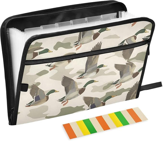 Expanding File Folder Wild Duck Camouflage Accordion File Organizer 13 Pockets Document Organizer with Zipper Labels A4 Letter Office Storage