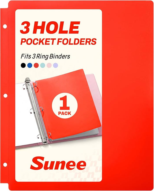 SUNEE 3 Hole Pocket Folders (1 Pack, Red), Plastic Pocket Folders for 3 Ring Binder, 3-Hole Punched Folder with Pockets, for Kids, Students, Teachers, Office Staff