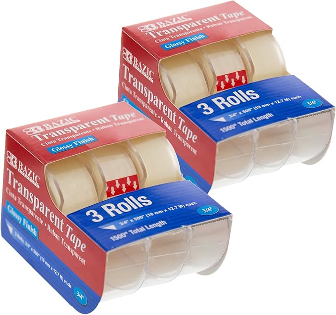 BAZIC PRODUCTS Transparent Tape, 3 Rolls, 0.75" x 500" Each