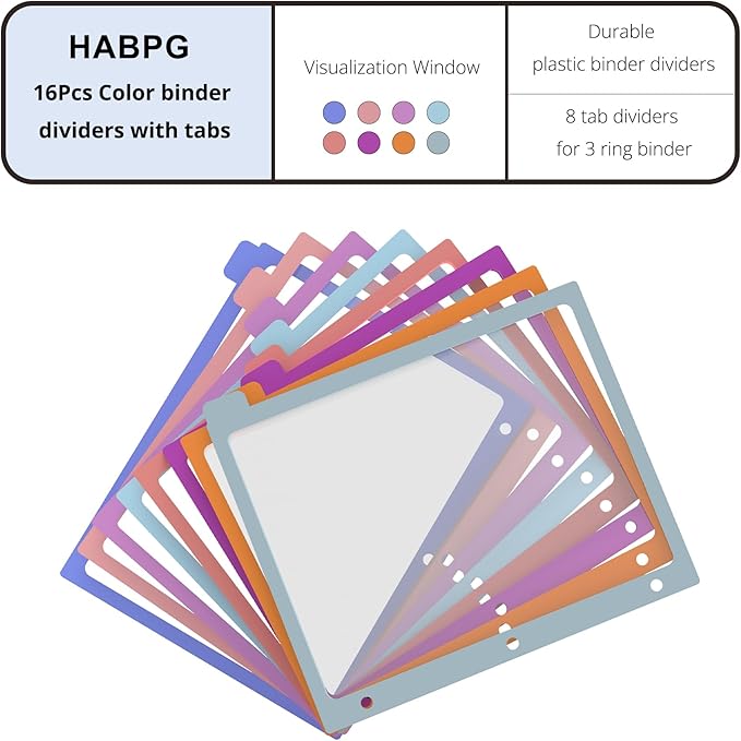 HABGP 2 Set 8 Tab Binder Dividers for 3 Ring, Plastic Binder Dividers with Tabs Letter Size Multicolor, Pastel Colors 3 Hole Punch Clear Page Folder Dividers File Organizer