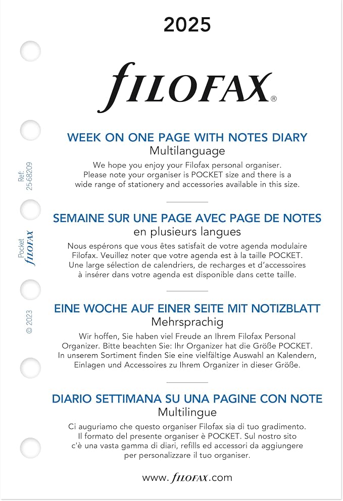 Filofax Calendar Diary Refill, Pocket Size, Week on One Page with Notes, White Paper, Multilingual: Four Languages, 2025 (C68209-25)