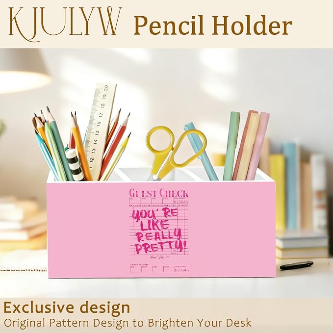 Coquette Trendy Pink Pen Holder for Desk, Pink Office Decor, You're Like Really Pretty Preppy Girly Wooden Box Pencil Pen Holder Organizer for Home Office Desk Accessories