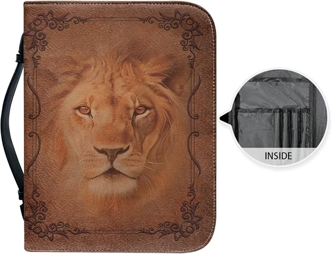 Retro Religious Style Lion Bible Case with Bookmark Waterproof Bible Cover Case for Women Lightweight Bible Bag with Handle Pockets Church Book Bag Brown
