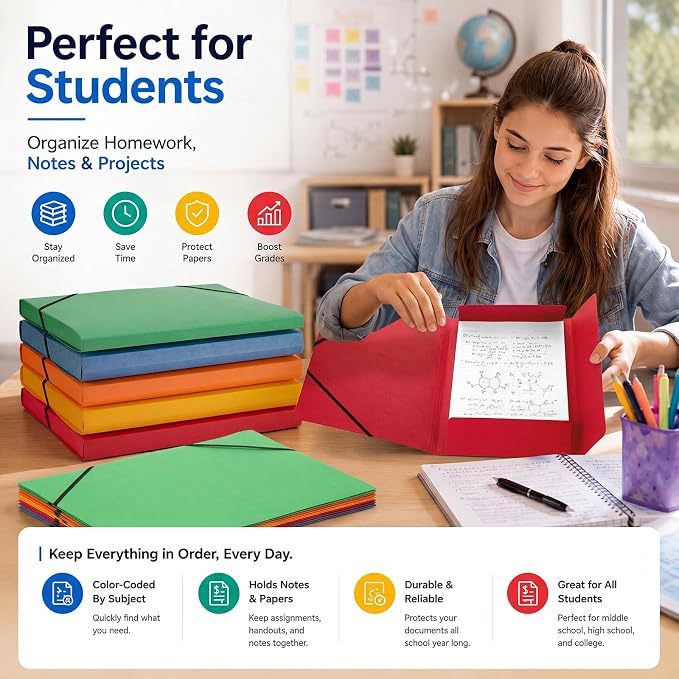 Sabary 10 Pcs A4 3 Flap Folder with Elastic Bands Bulk Portable Classification File Jackets Bulk 12.5 x 9.5 Letter Size Rainbow Binder Pocket Document Organizer Hold 250 Sheet for School Office Home