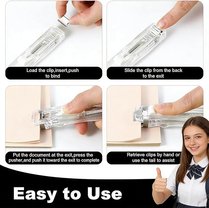 2 Pcs Portable Binder Clip Stapler, Includes 100 Reusable Clips, Staple-Free Desktop Push Binder Stapler, Binds 40 Sheet Capacity One-Hand Operation for Office Home Document Organization (#03)