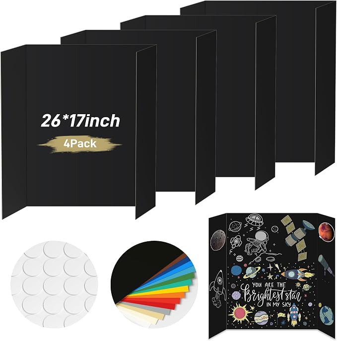PSHVYM 4 Pcs Black Trifold Poster Board, 26 x 17 inches Poster Board with Double Sided Tapes and Cardboard, Corrugated Presentation/Display Board for School Project, Science Fair, Business
