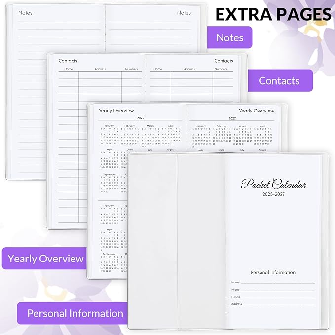 KONVINIT Pocket Calendar 2025-2027, Purple 2025-2027 Monthly Planner - 3.7" x 6.7" - Runs from July 2025 Until December 2027, Small Pocket Calendar 2026 with PVC Cover for Planning