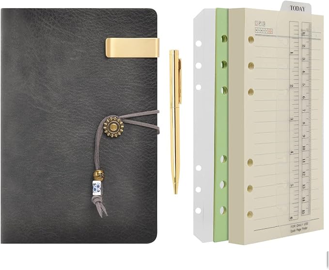 WONDERPOOL Leather Journal A6 Refillable 6 Ring Binder Notebook with Lined Paper and Pen,Writing Diary for Work Travel and Agenda Plan (A6, Grey)