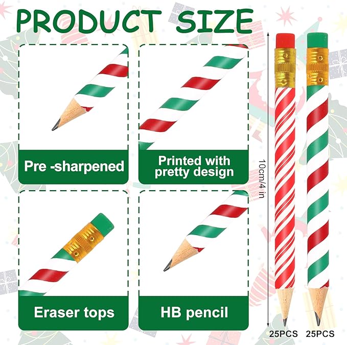 JarThenaAMCS 50Pcs Christmas Short Pencil with Eraser 4 in Red Green Stripe Writing Pencil Wood Xmas Winter Half Pencils for Classroom Office Stationery Gift