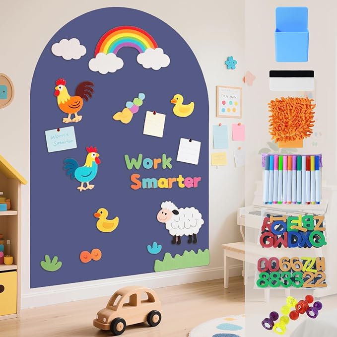 Magnetic Wall Decal for Kids 40x32 Inch Self Adhesive Magnetic Board Play Wall Dusty Blue Magnet Chalkboard for Wall with Letters and 12 Color Liquid Chalk for Playroom Home Office School