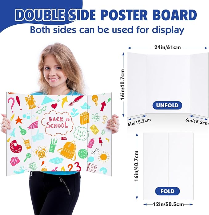 Trifold Poster Board,24 Pack 24" x 16" White Corrugated Poster Boards,Display Board,Perfect for School Projects, Science Fairs, Event Displays, and Business Presentations