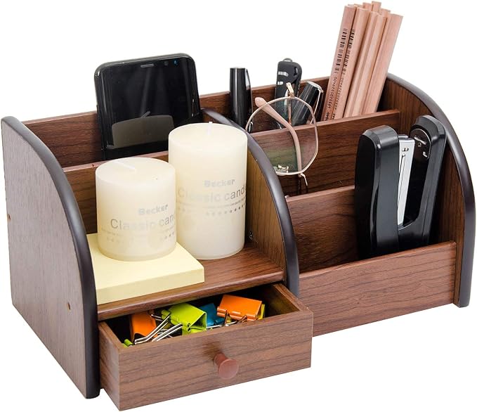 Liry Products Cherry Brown Wooden Desktop Organizer Drawer Multiple Compartments Stepped Shelf Racks 5 Slots Tabletop Storage Cabinet Office Supplies Caddy Stationery Holder Accessory Sorter Home