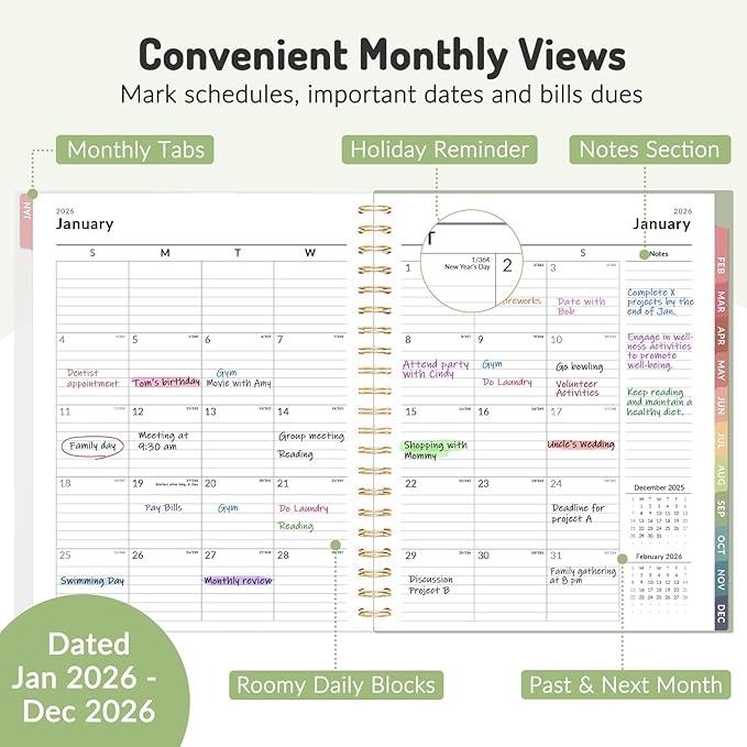 Forvencer 2026 Planner Weekly and Monthly, Jan - Dec 2026, 8.5” x 11”, Large Agenda Planner for Women, Aesthetic Calendar Planner with Spiral Bound, Month Tab, Flexible Cover for School Office, Green